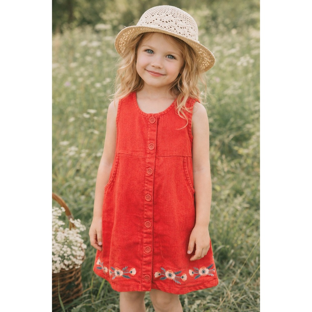 Genuine‎ Kids OshKosh Jumper Dress Coral Button Front Floral Embroidered Girl 4T